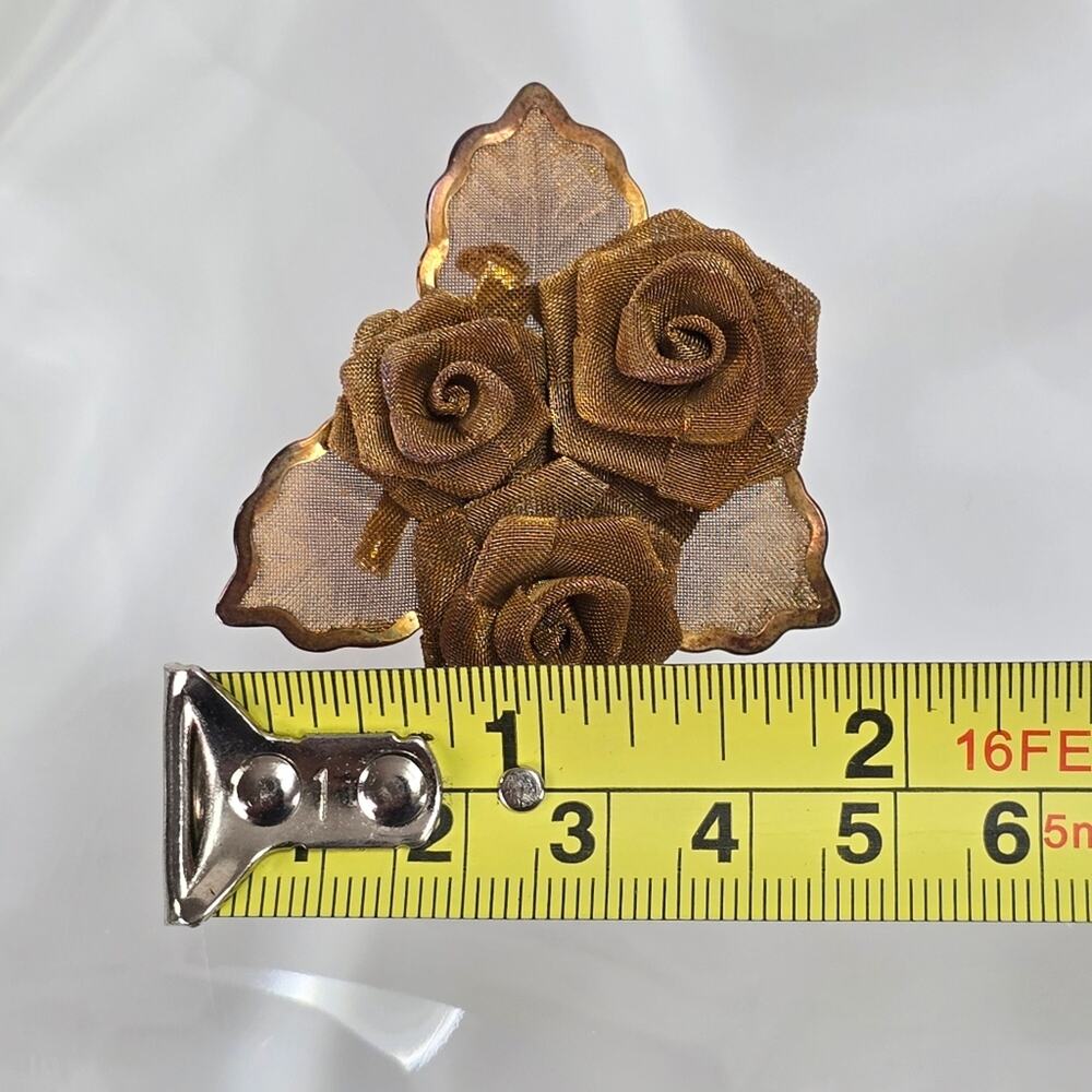 Vintage Triple Rose Mesh Brooch Gold Tone - Picture 4 of 6
